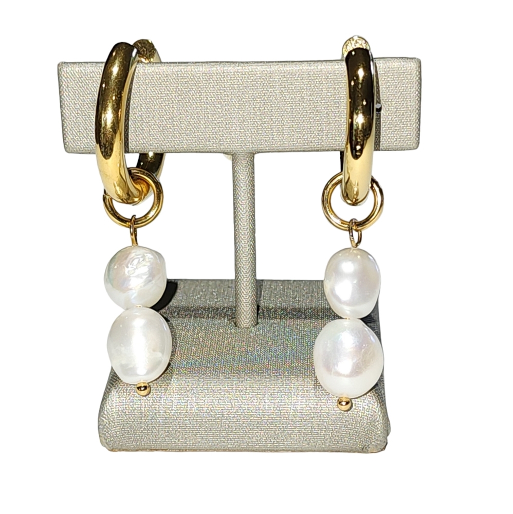 Gold Plated Stainless Steel Hoop Earrings With Dangle Freshwater‎ Pearls